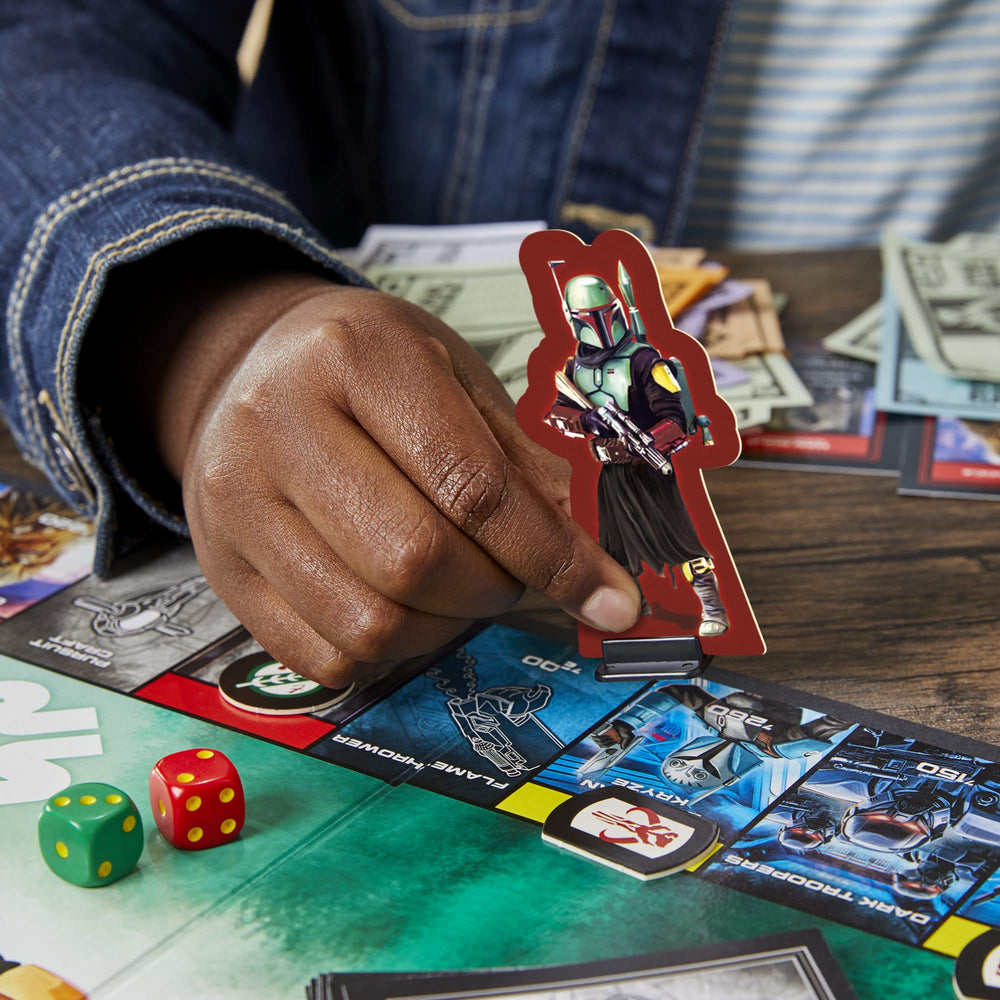 Hasbro Gaming Monopoly Star Wars Boba Fett Edition sigils and skulls on properties for strategic flair.