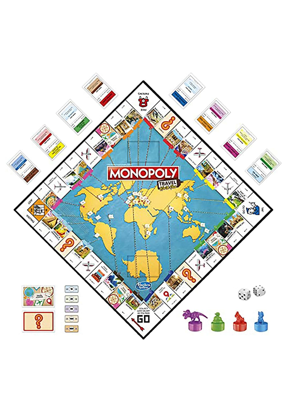 Hasbro Gaming Monopoly World Tour destination cards reveal travel goals and facts.