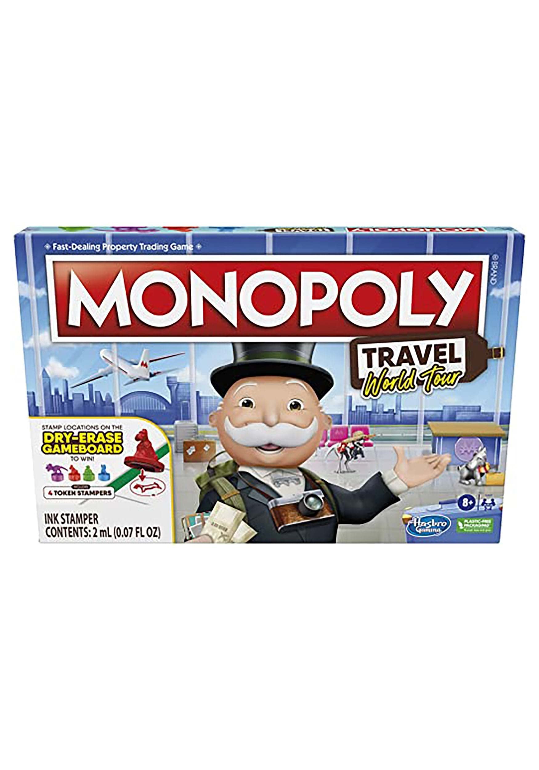 Hasbro Gaming Monopoly World Tour dry-erase gameboard promotes engaging travel-themed family play.