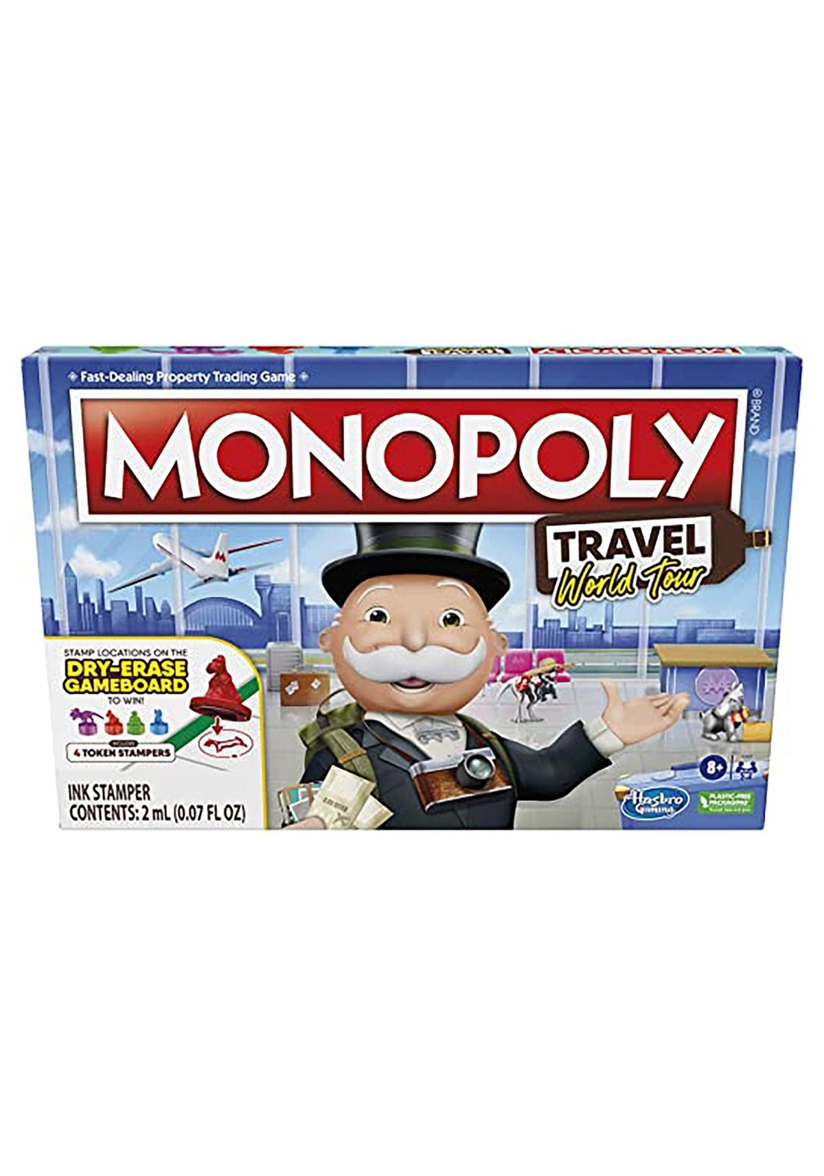Hasbro Gaming Monopoly World Tour dry-erase gameboard promotes engaging travel-themed family play.