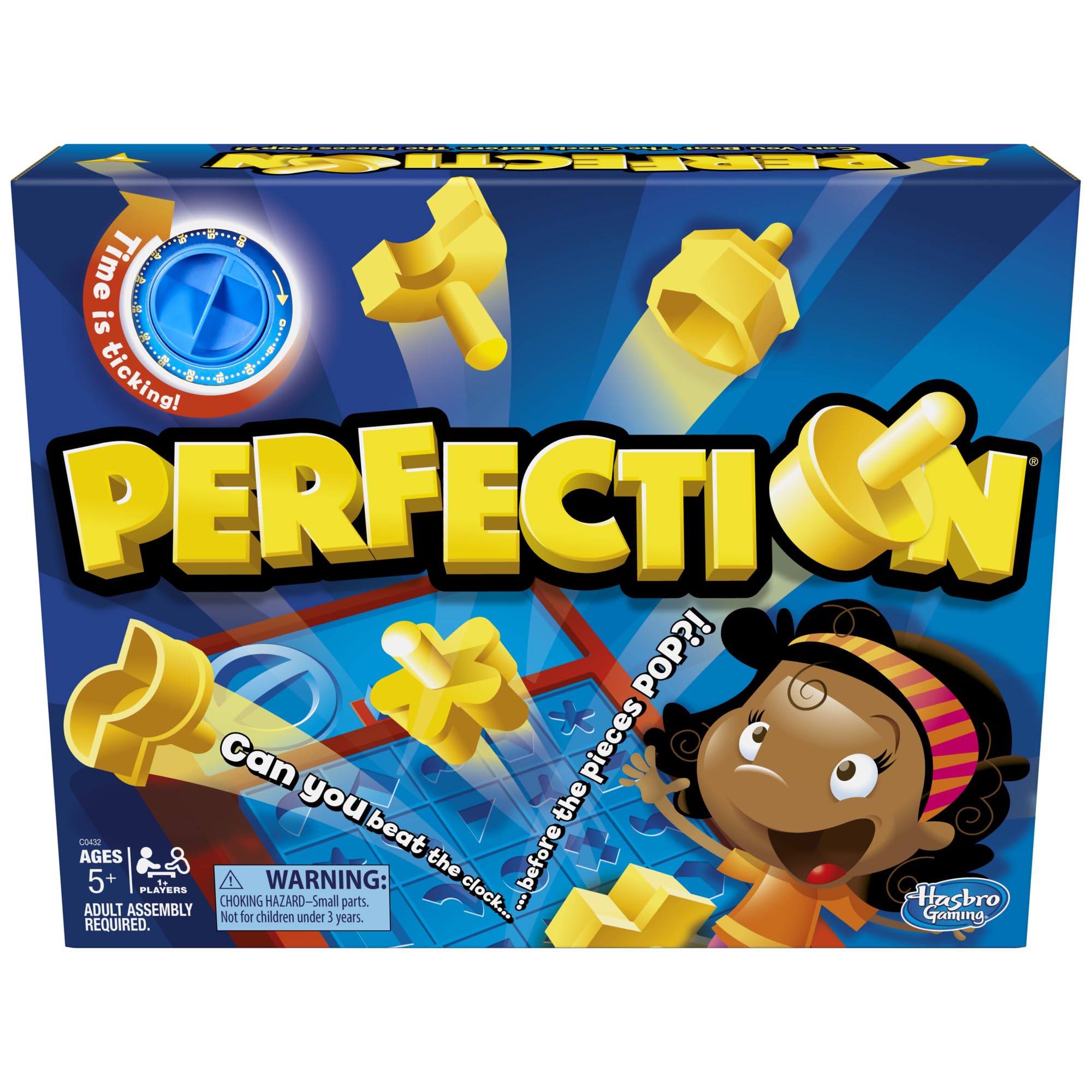 Hasbro Gaming Perfection setup with tray and shapes ready to play
