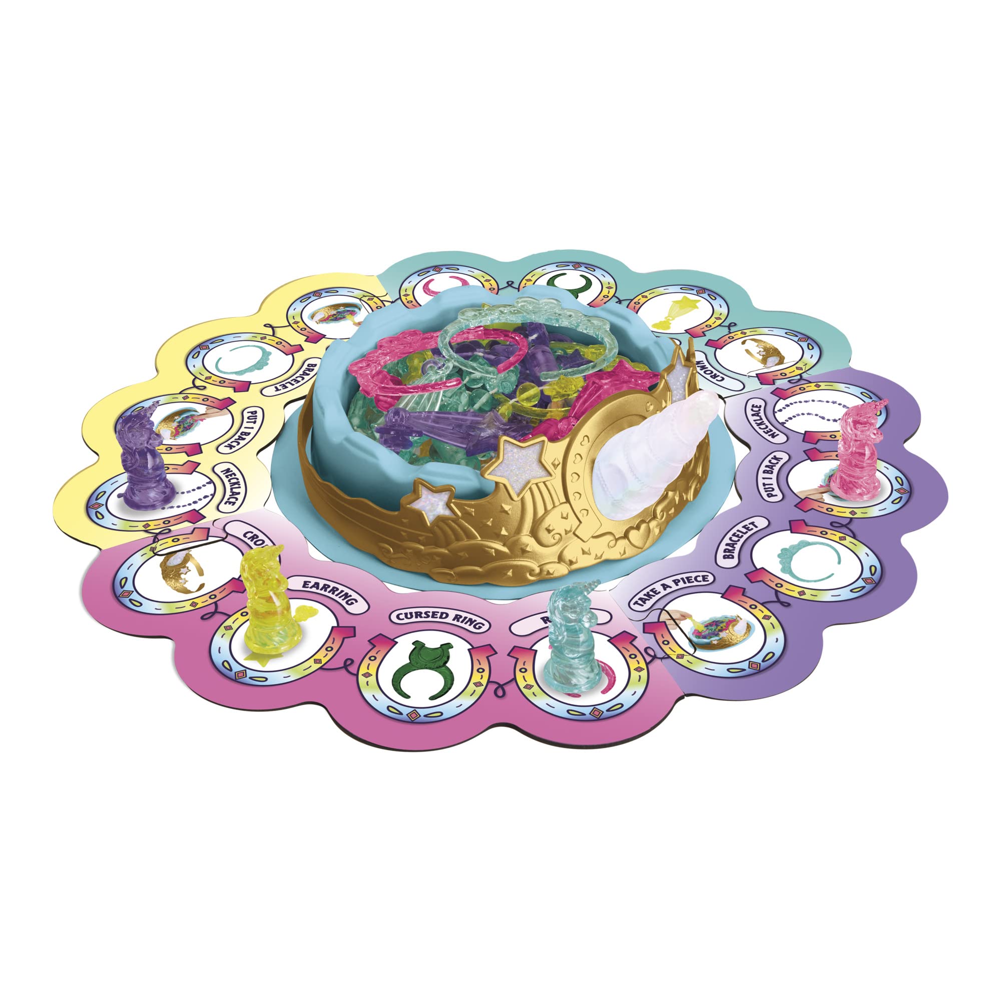 Hasbro Gaming Pretty Princess Unicorn Edition jewelry pieces sparkle on the board for creative dress-up fun.