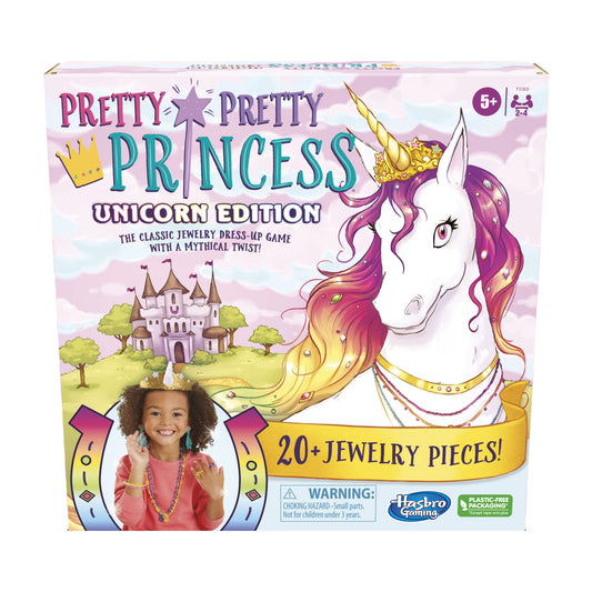 Hasbro Gaming Pretty Princess Unicorn Edition pawn on a glittery board, inviting imaginative dress-up play for kids.