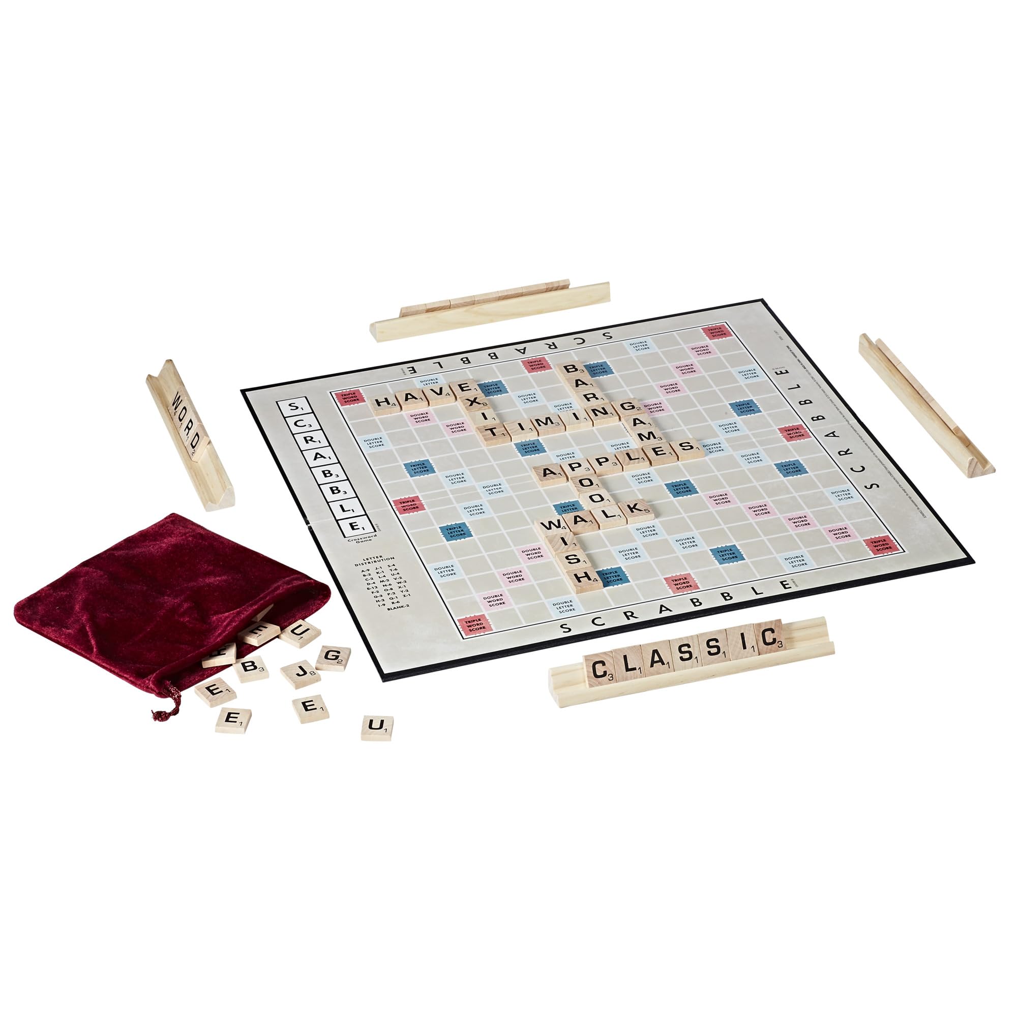 Hasbro Gaming Scrabble 1949 edition wooden tile racks for classic storage.
