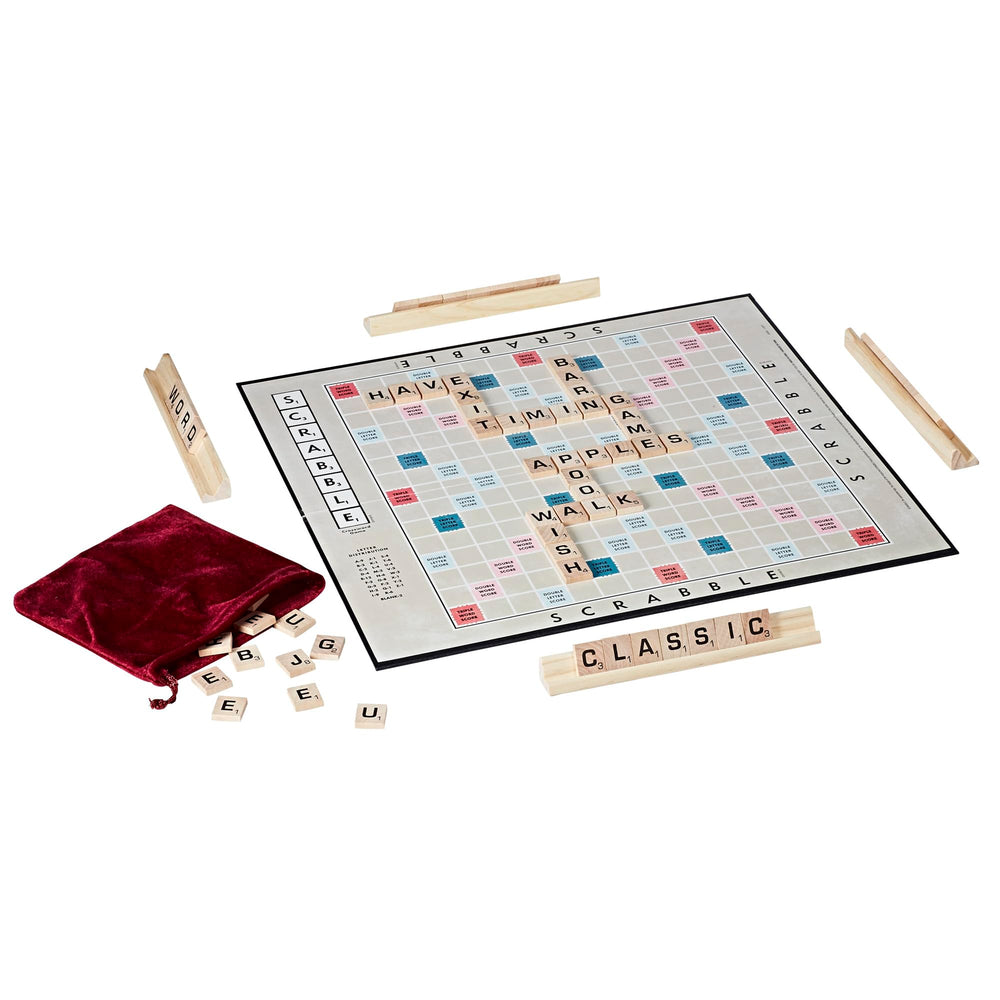 Hasbro Gaming Scrabble 1949 edition wooden tile racks for classic storage.