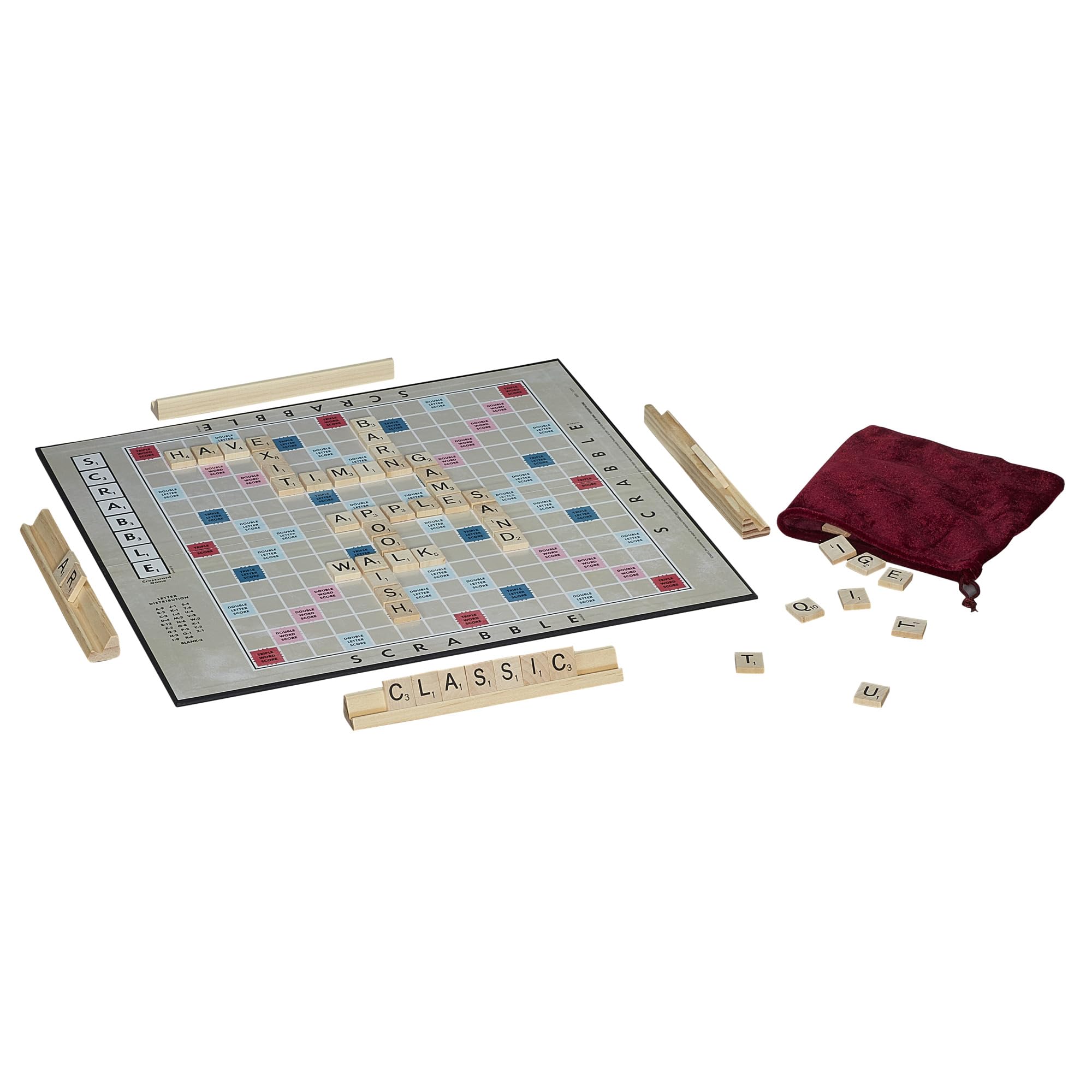 Hasbro Gaming Scrabble 1949 edition velvet pouch keeps tiles secure.