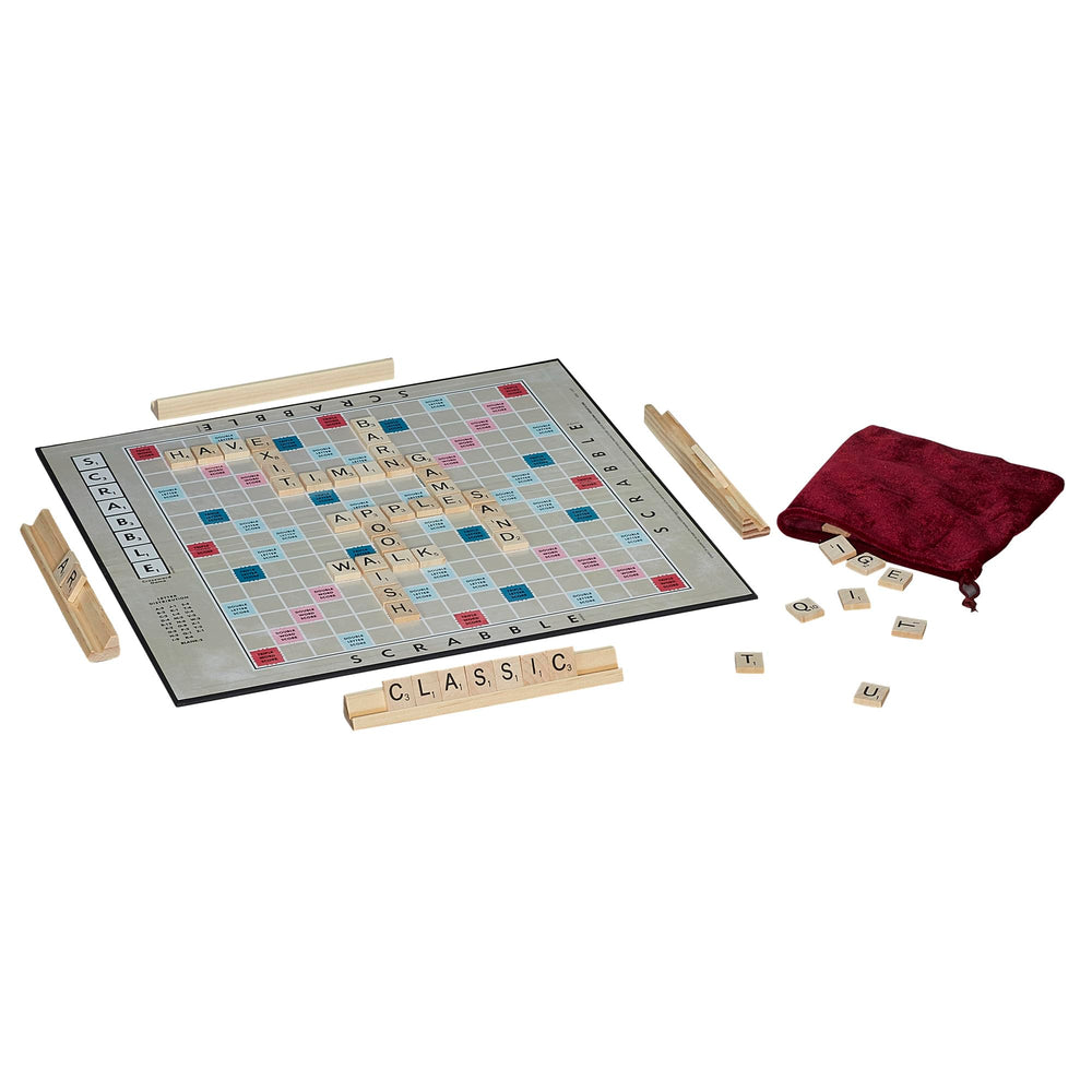 Hasbro Gaming Scrabble 1949 edition velvet pouch keeps tiles secure.