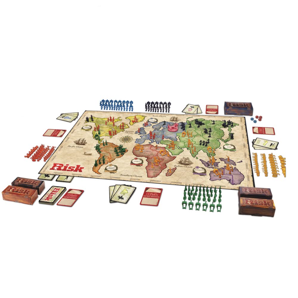 Hasbro Gaming Risk board with armies ready, highlighting strategic conquest and planning.