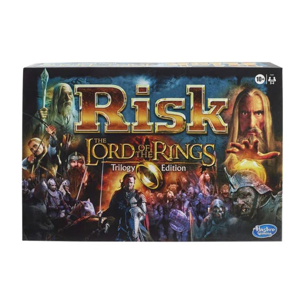 Hasbro Gaming Risk Lord of the Rings map highlights Middle-earth regions for epic battles.