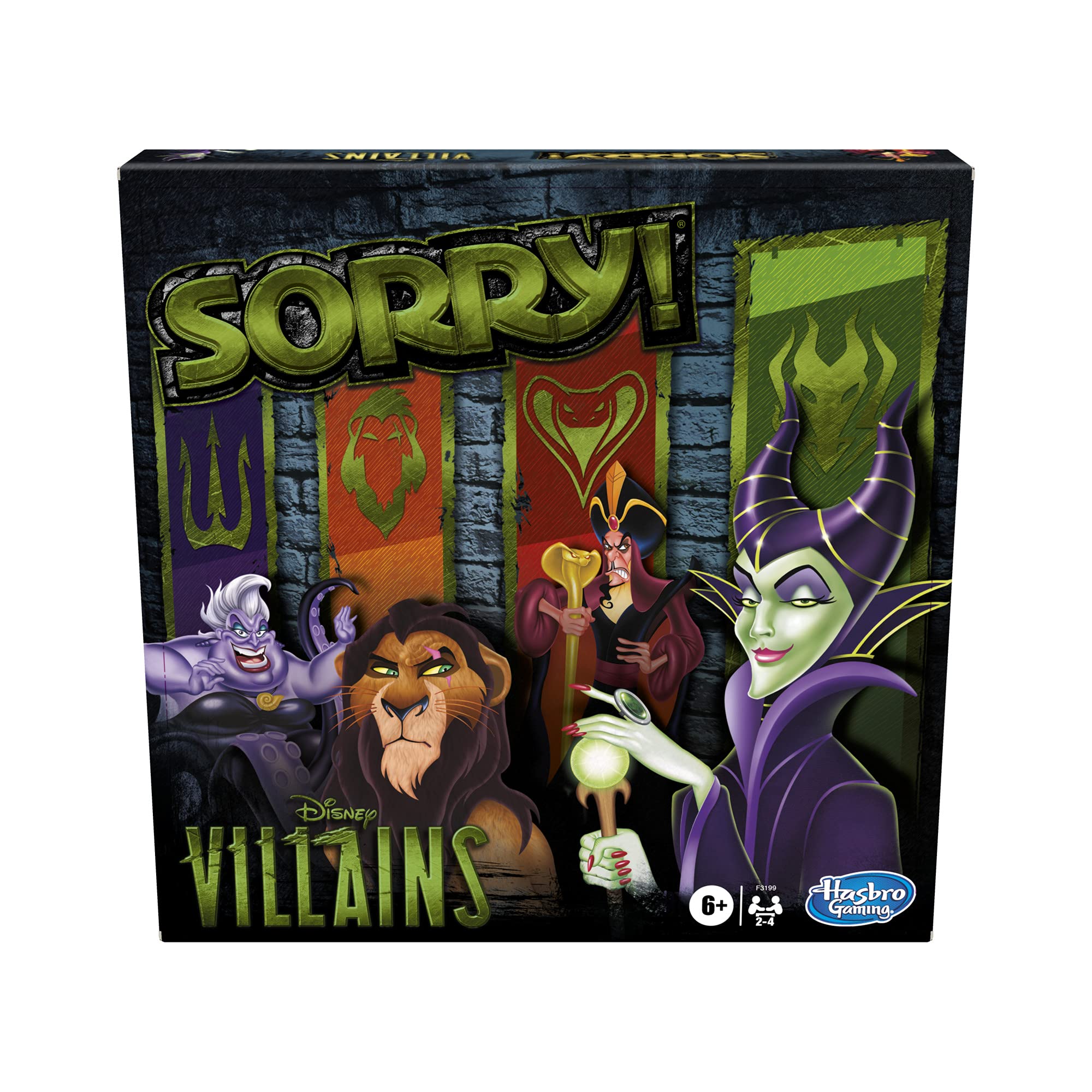 Hasbro Gaming Sorry! Disney Villains pawns closeup for dynamic family play.