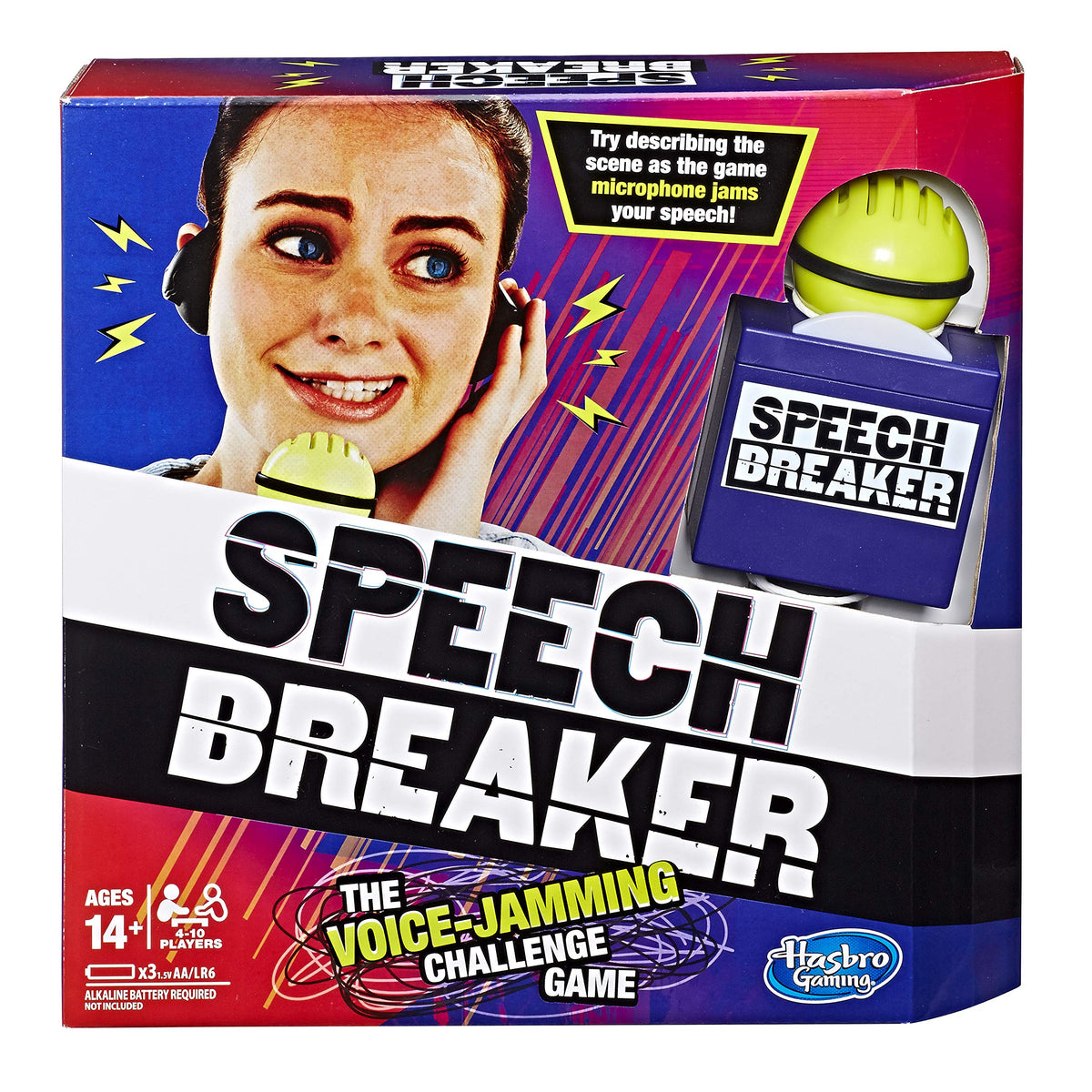 Hasbro Gaming Speech Breaker microphone with delayed sound enhances family game night chaos