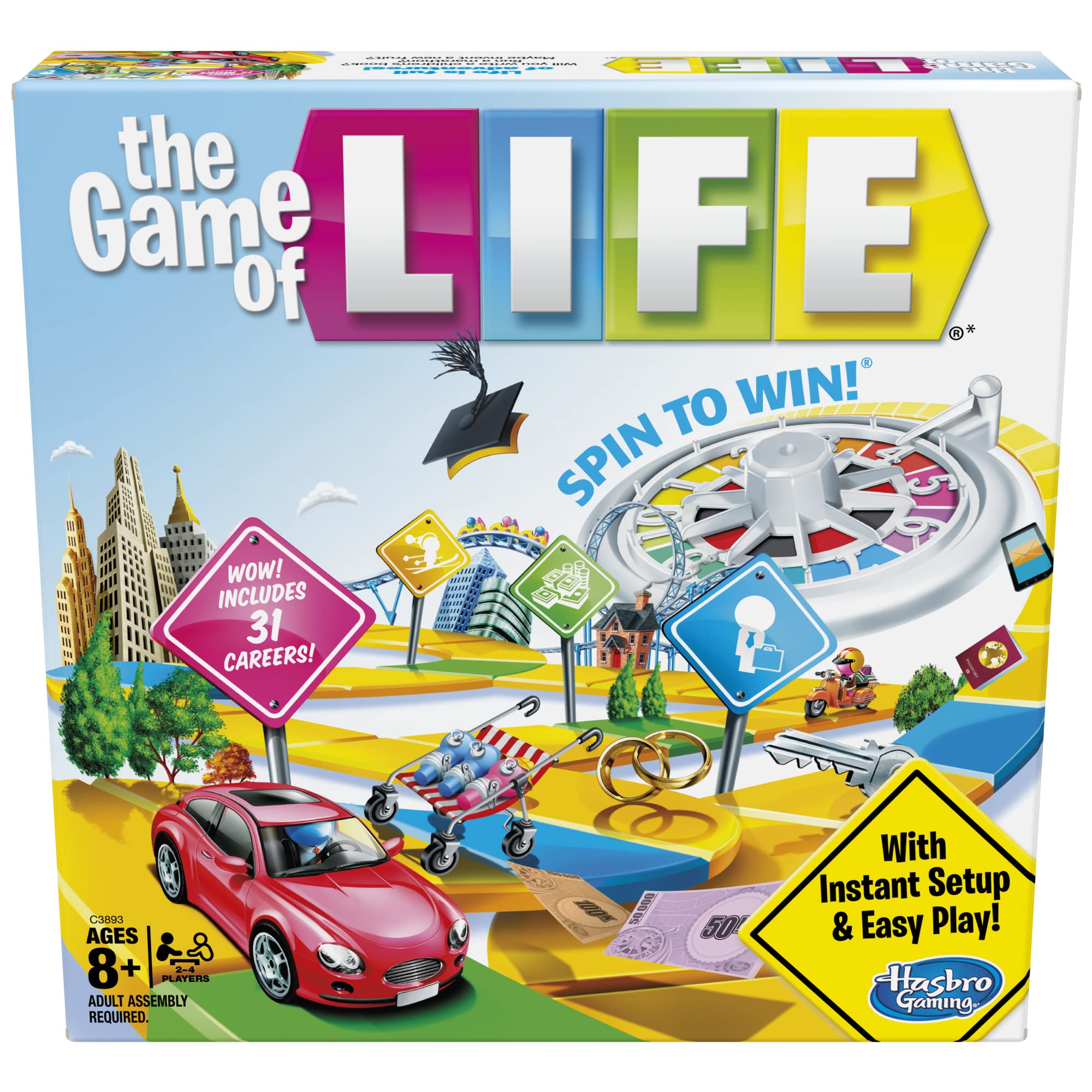 Hasbro Game of Life board game with car token on the path to retirement during family play.