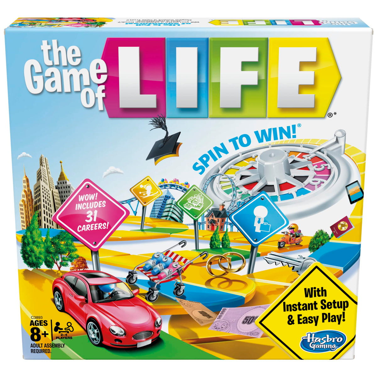 Hasbro Game of Life board game with car token on the path to retirement during family play.