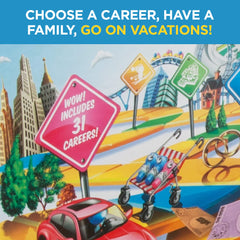 Family gathers around the Hasbro Game of Life board for a cozy game night.