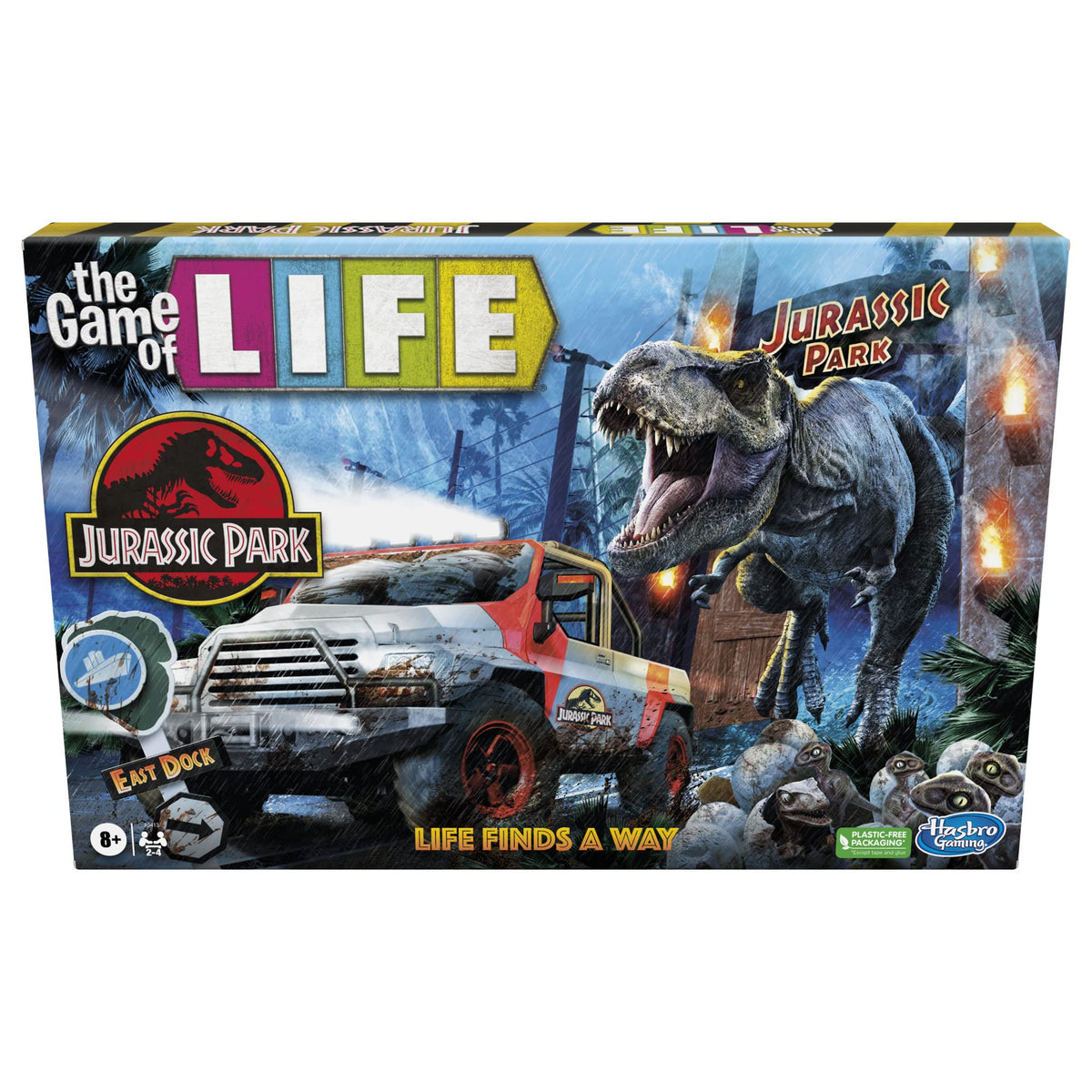 Box art for Hasbro Gaming The Game of Life Jurassic Park Edition, ideal for family game night