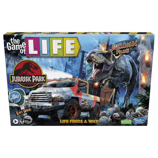 Box art for Hasbro Gaming The Game of Life Jurassic Park Edition, ideal for family game night