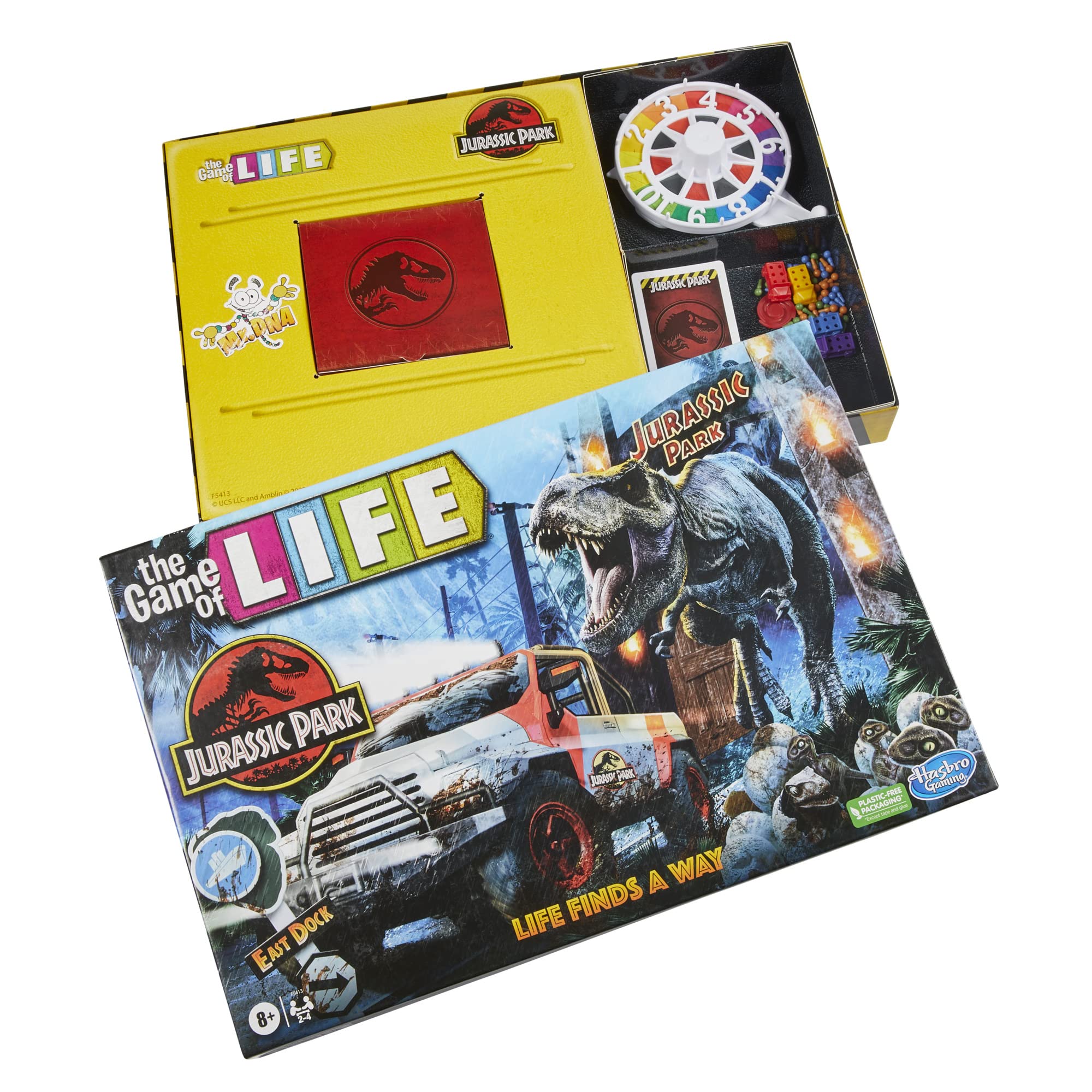 Dino tokens roaming the board in Hasbro Gaming The Game of Life Jurassic Park Edition