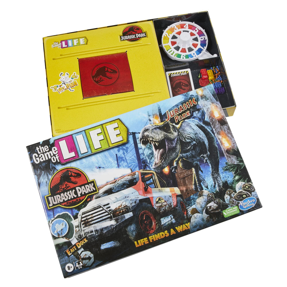 Dino tokens roaming the board in Hasbro Gaming The Game of Life Jurassic Park Edition