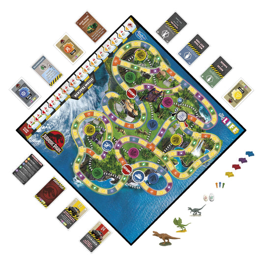 Hasbro Gaming The Game of Life Jurassic Park Edition dinosaur eggs tokens on the table for play