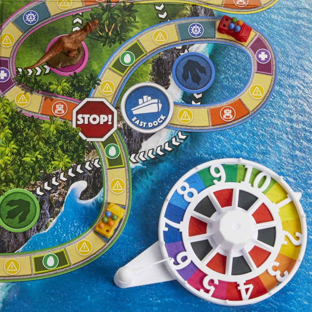 Escape tiles shown in Hasbro Gaming The Game of Life Jurassic Park Edition for rapid decisions