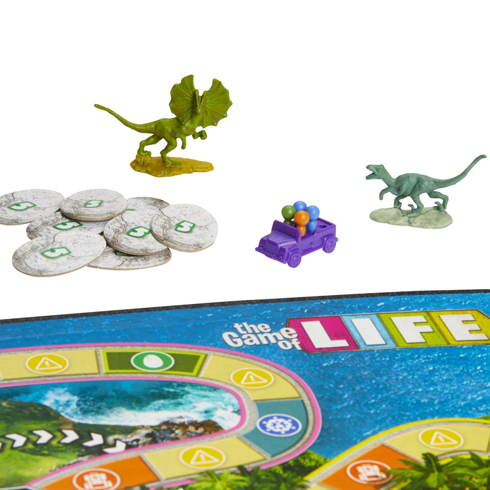 Family game night setup with Hasbro Gaming The Game of Life Jurassic Park Edition