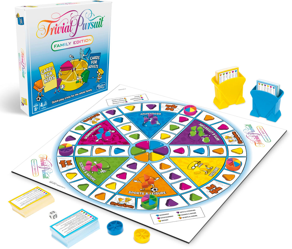 Hasbro Gaming Trivial Pursuit Family Edition board game setup for family night fun