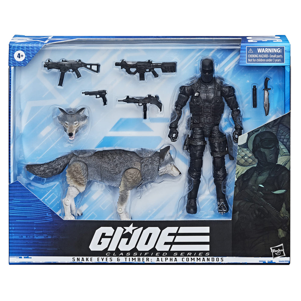 Hasbro G.I. Joe Snake Eyes & Timber accessories laid out, showcasing customizable outfits and weapons.