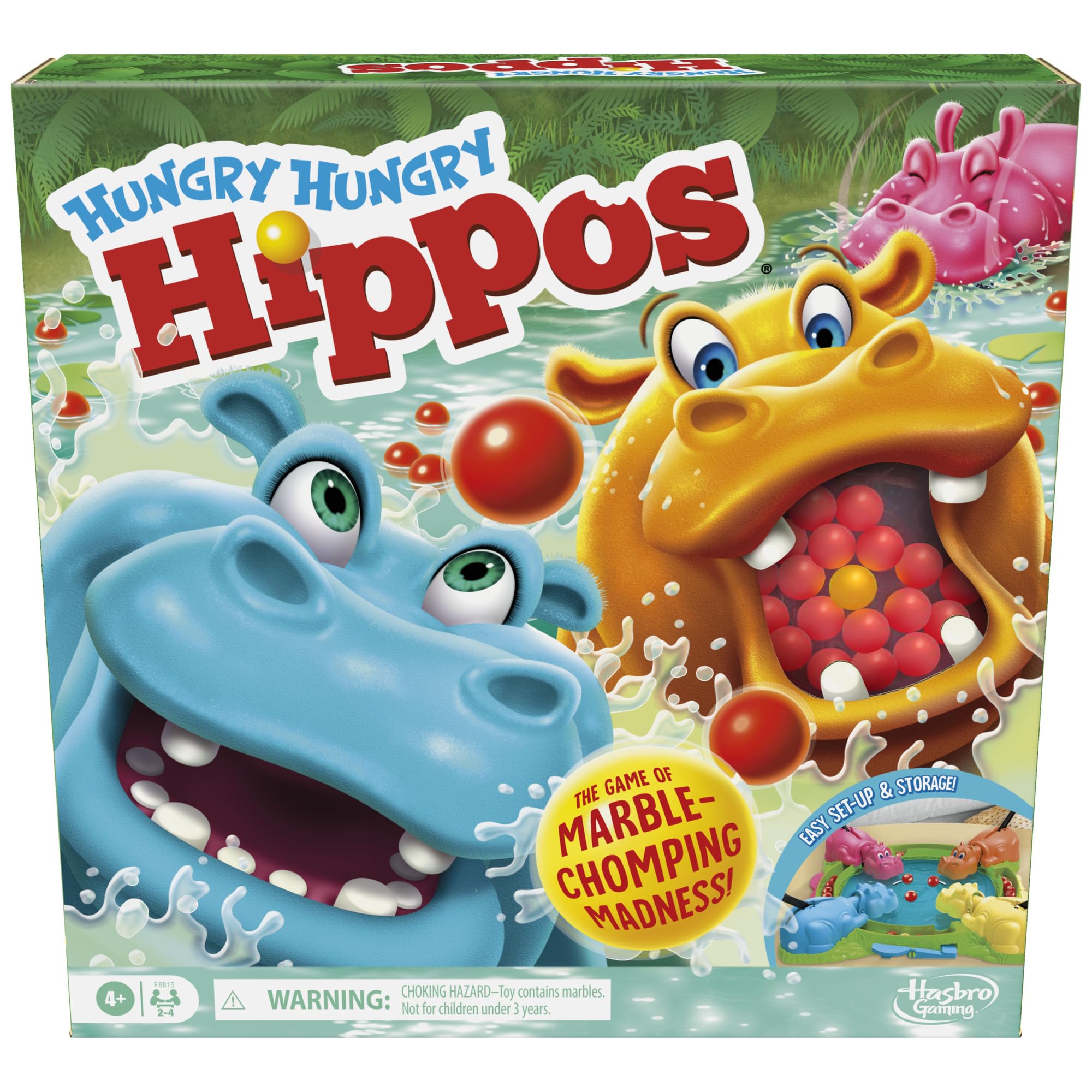 Hasbro Hungry Hungry Hippos marble-pool action sparks fast rounds for preschoolers.