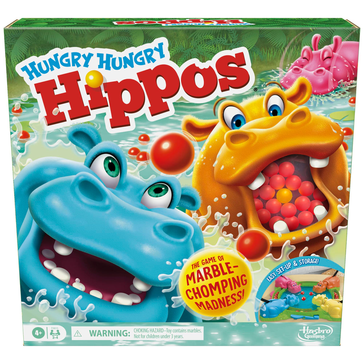 Hasbro Hungry Hungry Hippos marble-pool action sparks fast rounds for preschoolers.