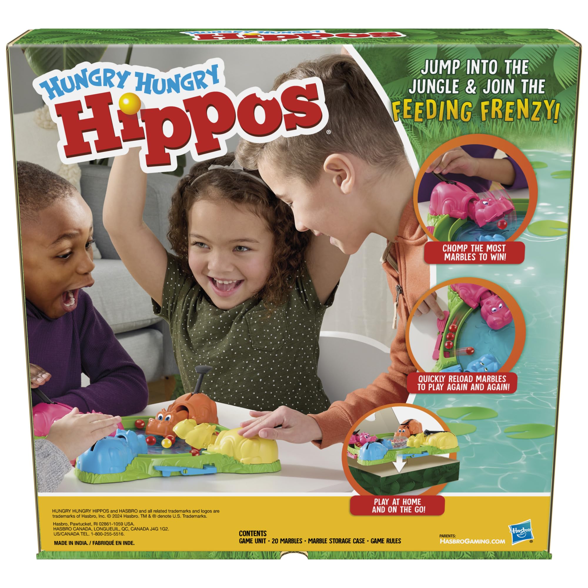 Hasbro Hungry Hungry Hippos press-tail chomping feature delivers fast, responsive fun for kids.
