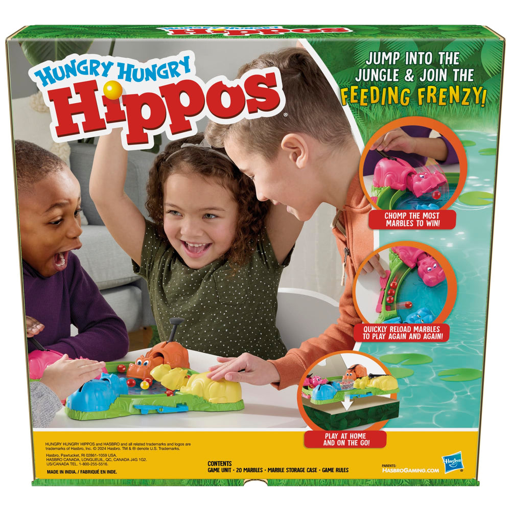 Hasbro Hungry Hungry Hippos press-tail chomping feature delivers fast, responsive fun for kids.
