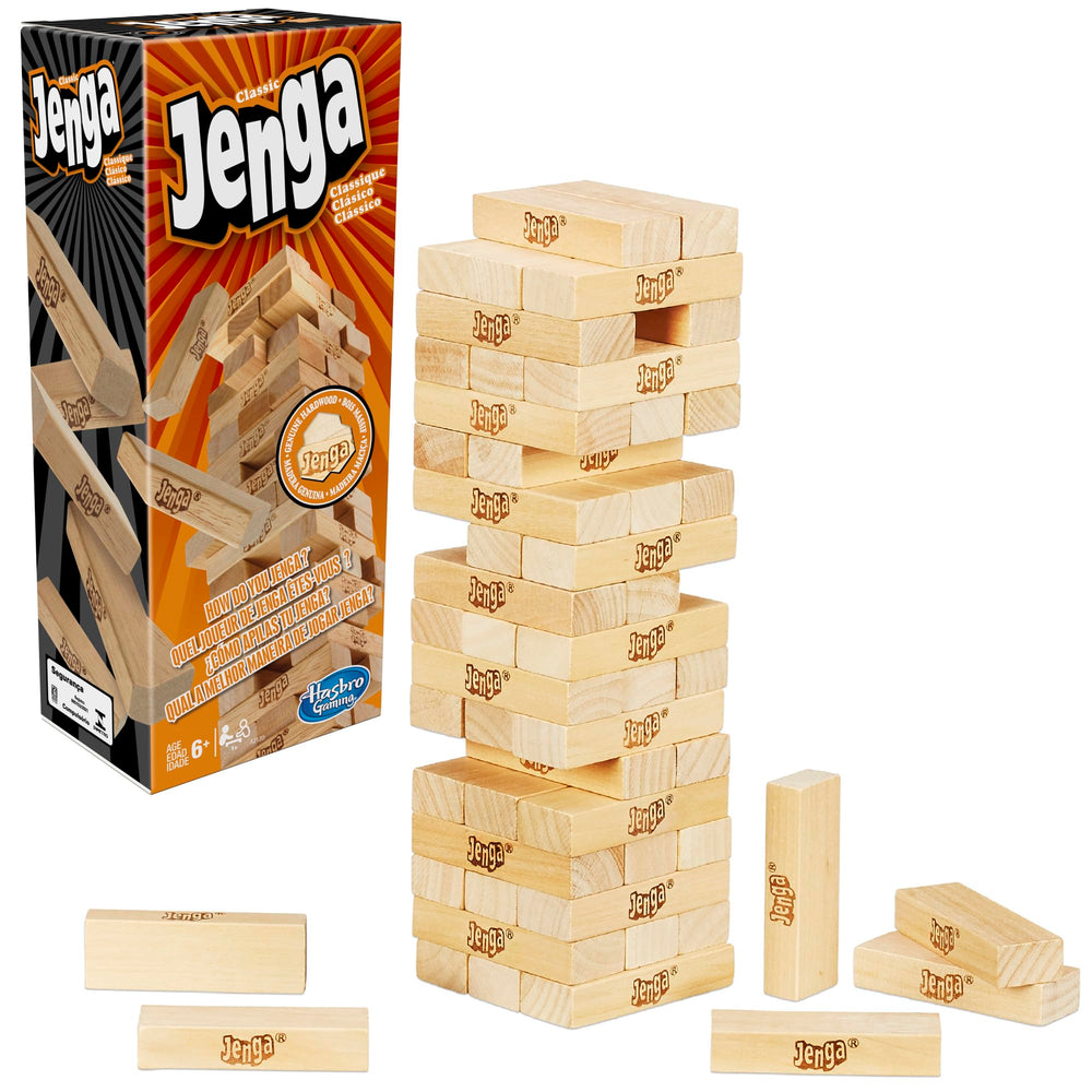 Hasbro Jenga wooden blocks ready for family game night