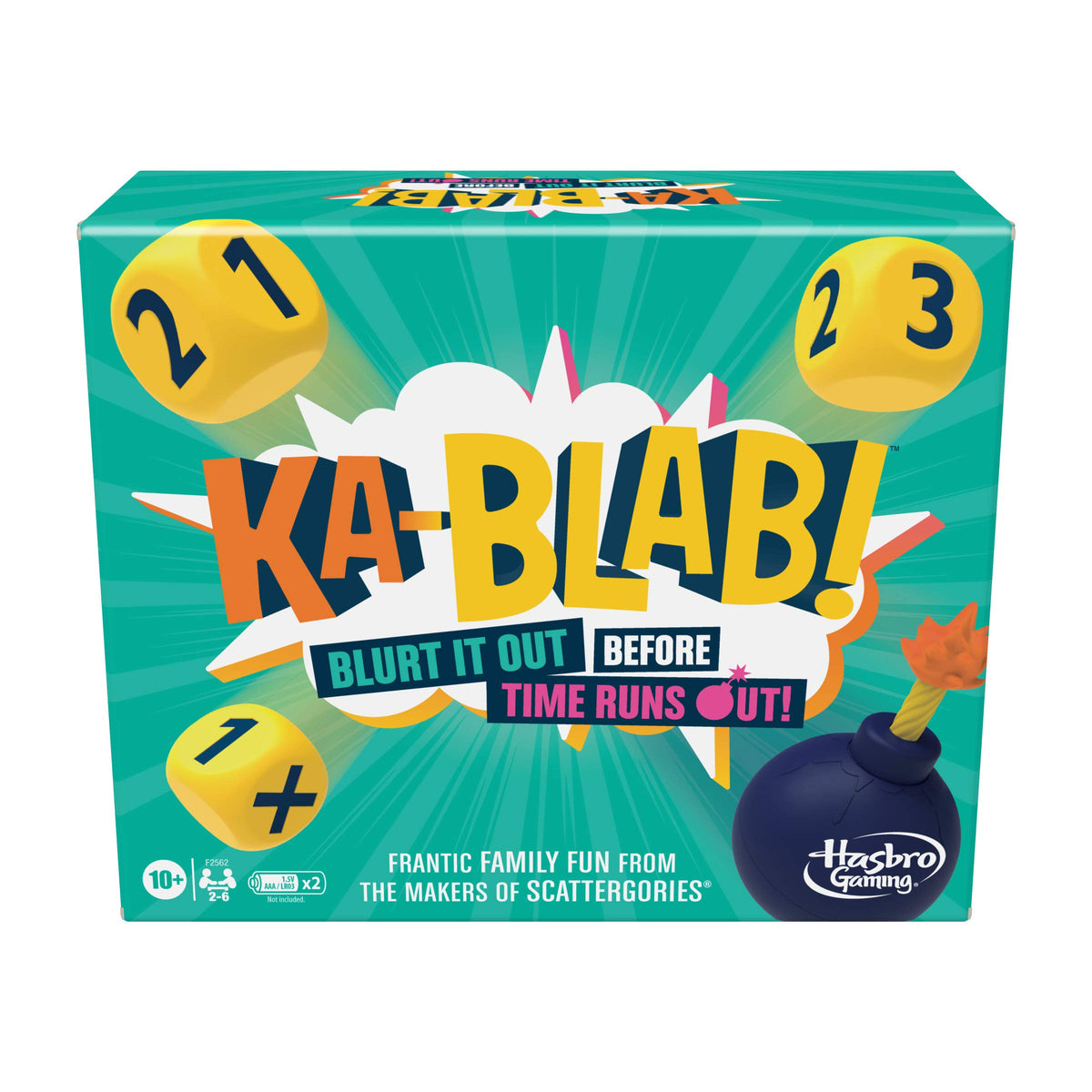 Hasbro Ka-Blab! game dice ready for fast blurting fun during family nights.