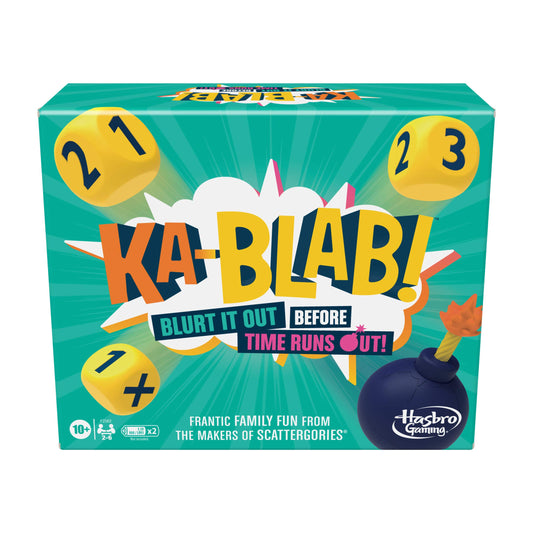 Hasbro Ka-Blab! game dice ready for fast blurting fun during family nights.