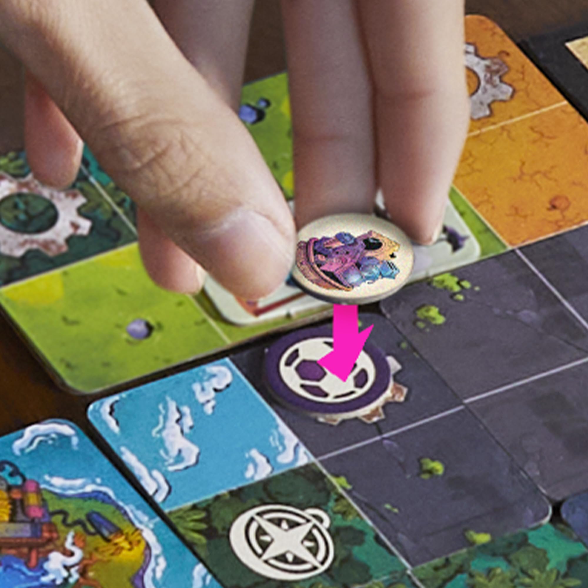 Hasbro Life in Reterra tiles spread across the table set strategic stage