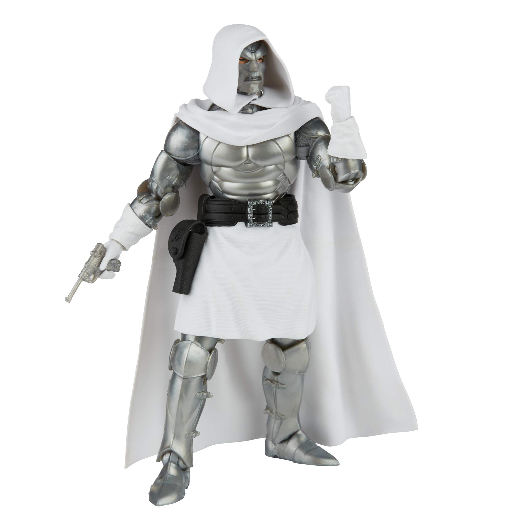 Hasbro Marvel Legends Dr. Doom packaging and stand display in showroom setting.