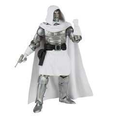 Hasbro Marvel Legends Dr. Doom packaging and stand display in showroom setting.