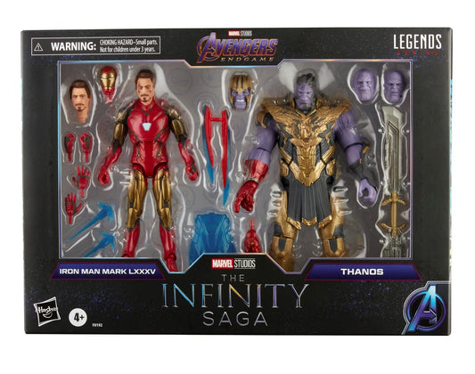 Hasbro Marvel Legends Iron Man Mark 85 vs Thanos figures for display and poseable play.