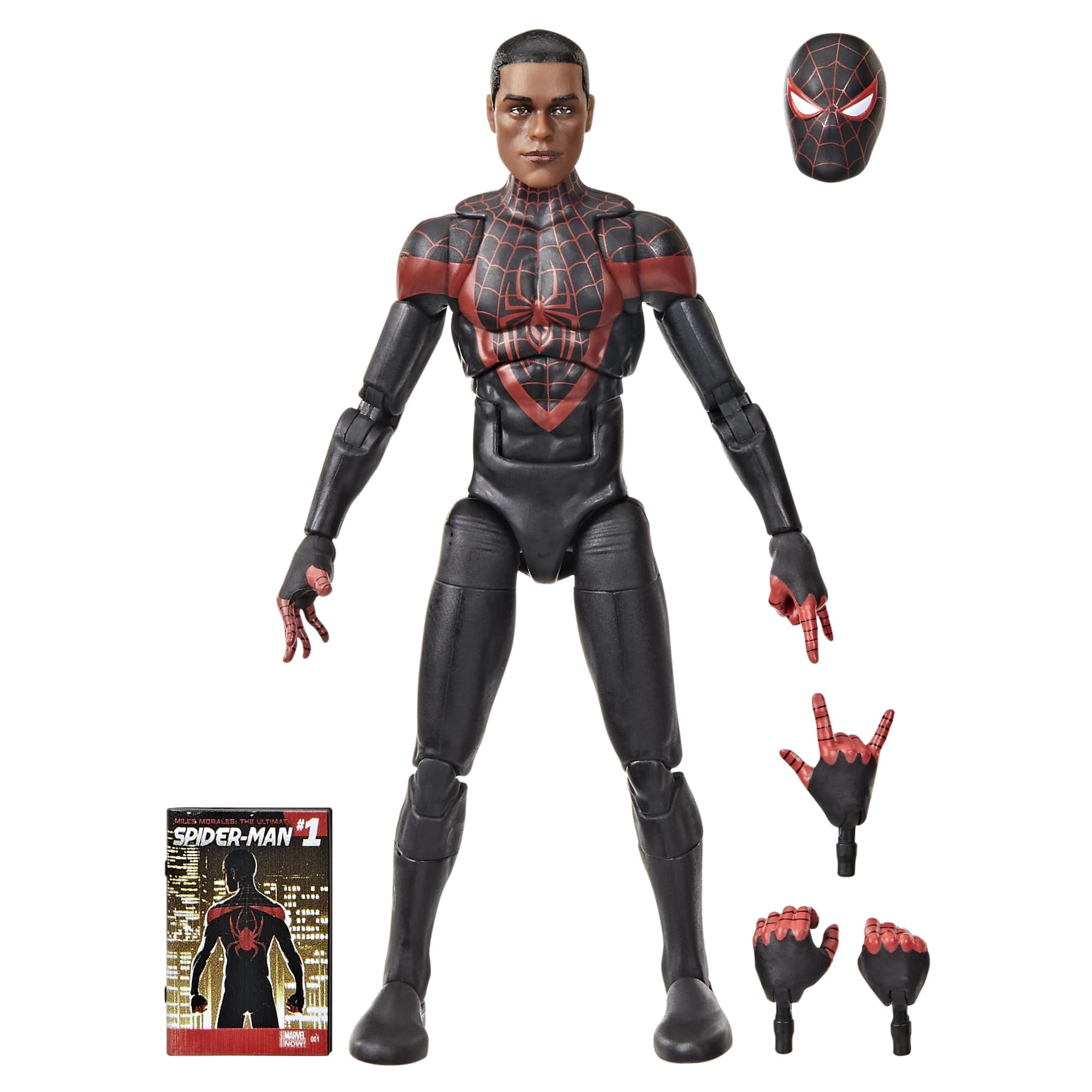Hasbro Marvel Legends Ultimate Miles Morales figure, front view, ideal for display.