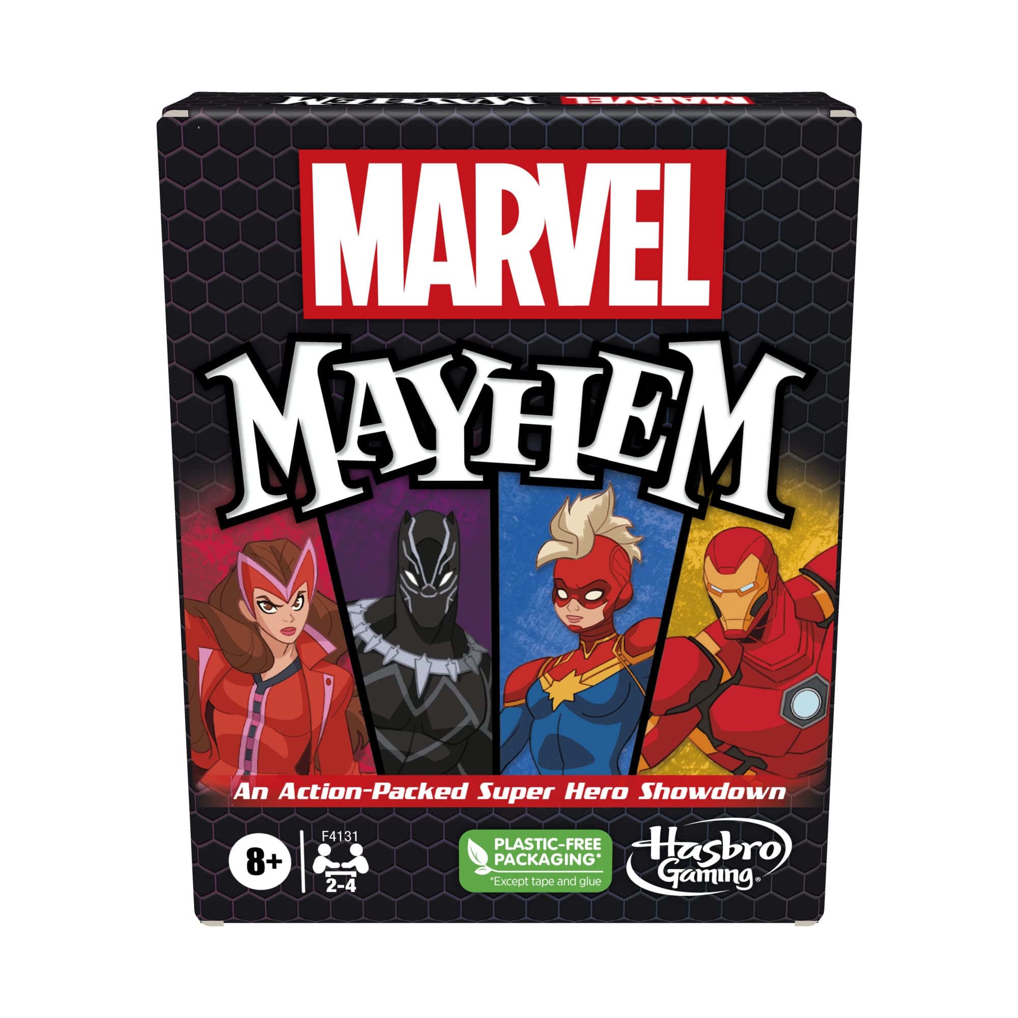 Hasbro Marvel Mayhem card game front illustration for family game nights