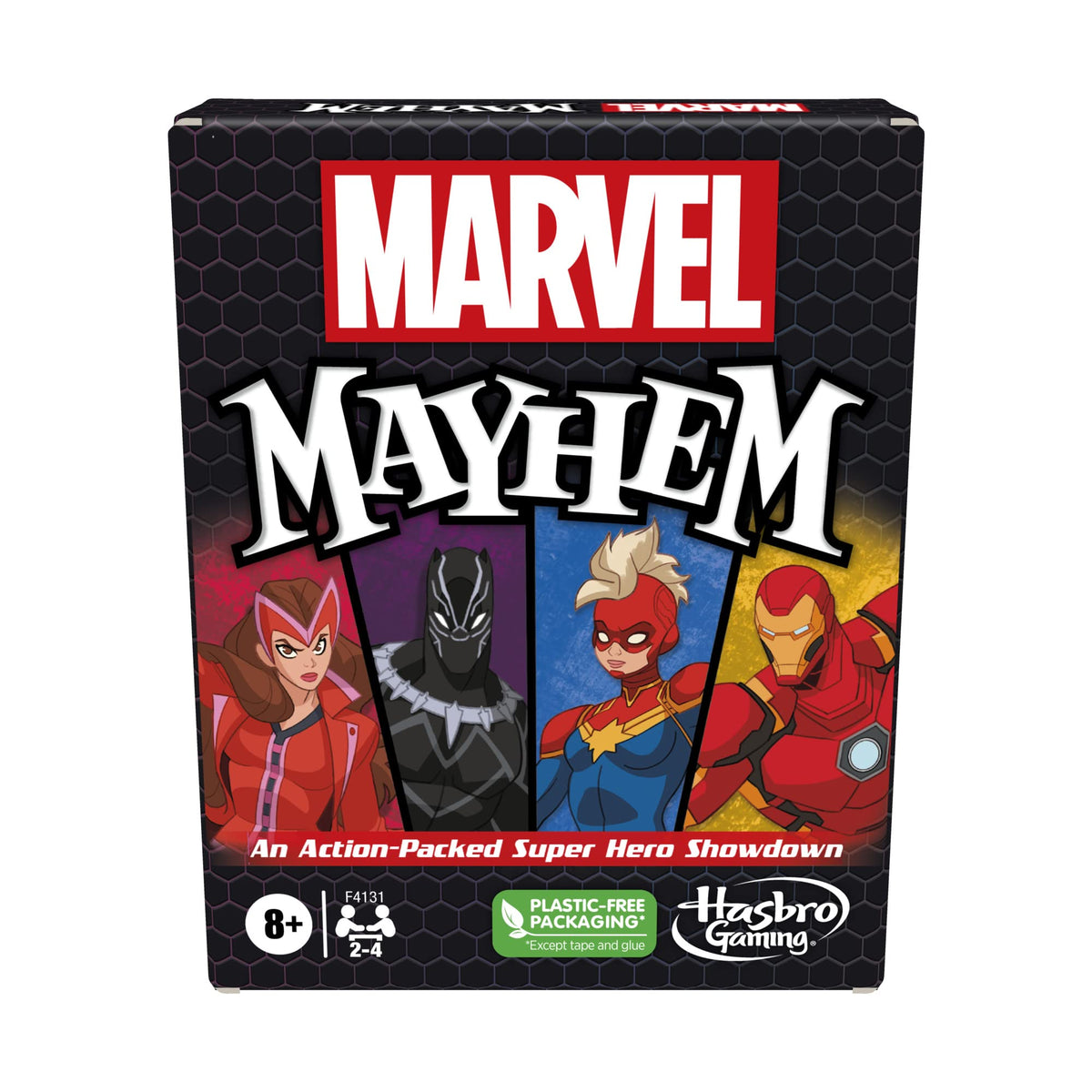 Hasbro Marvel Mayhem card game front illustration for family game nights