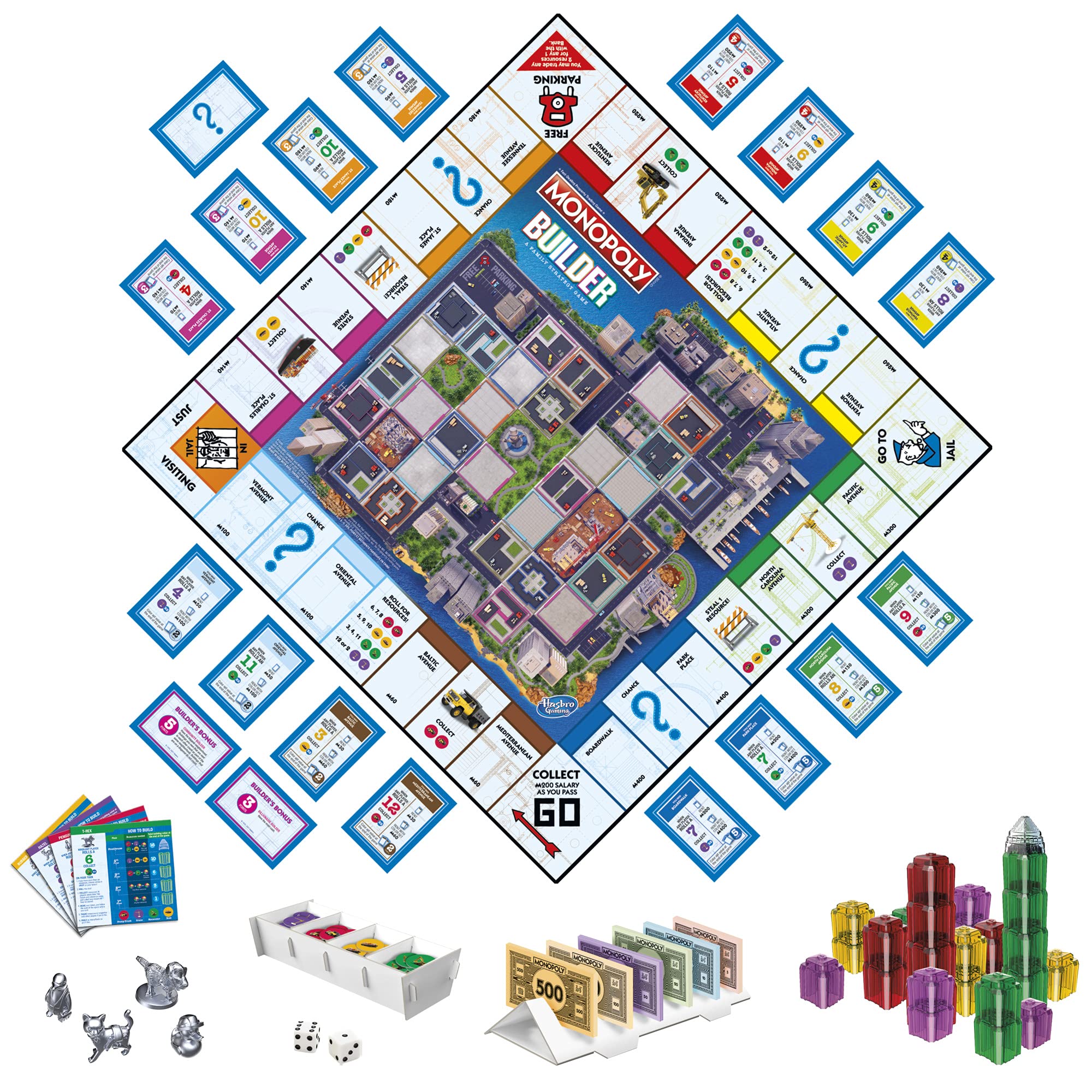 Hasbro Monopoly Builder board showing Monopoly Island centerpiece