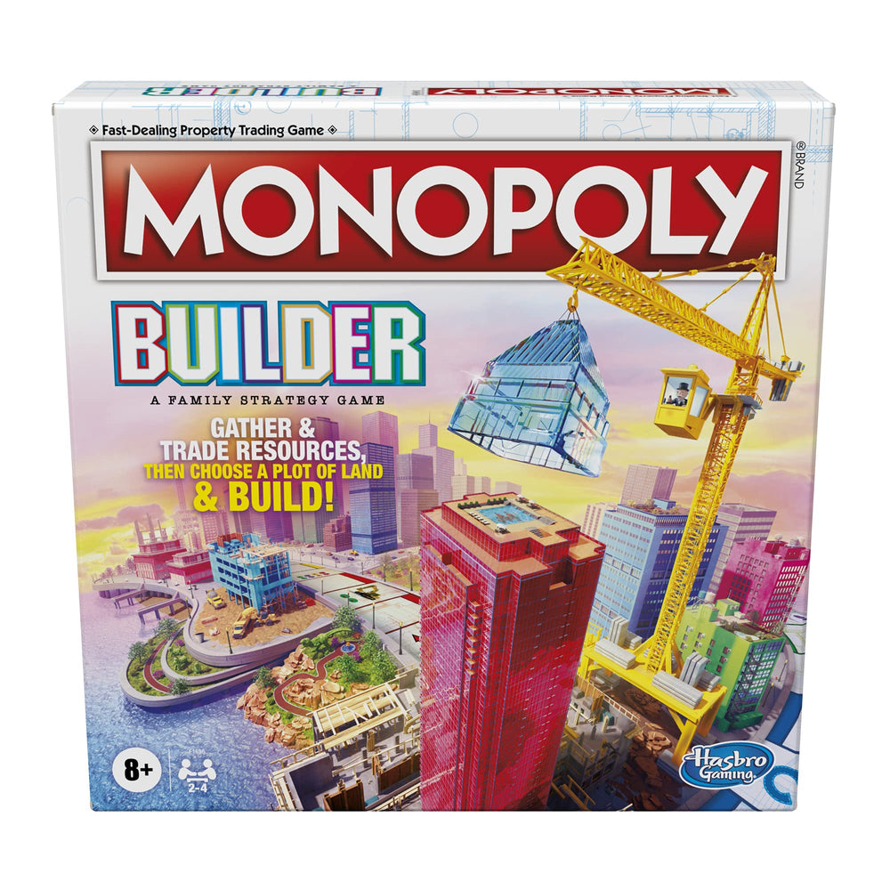 Hasbro Monopoly Builder box front invites family play with colorful art