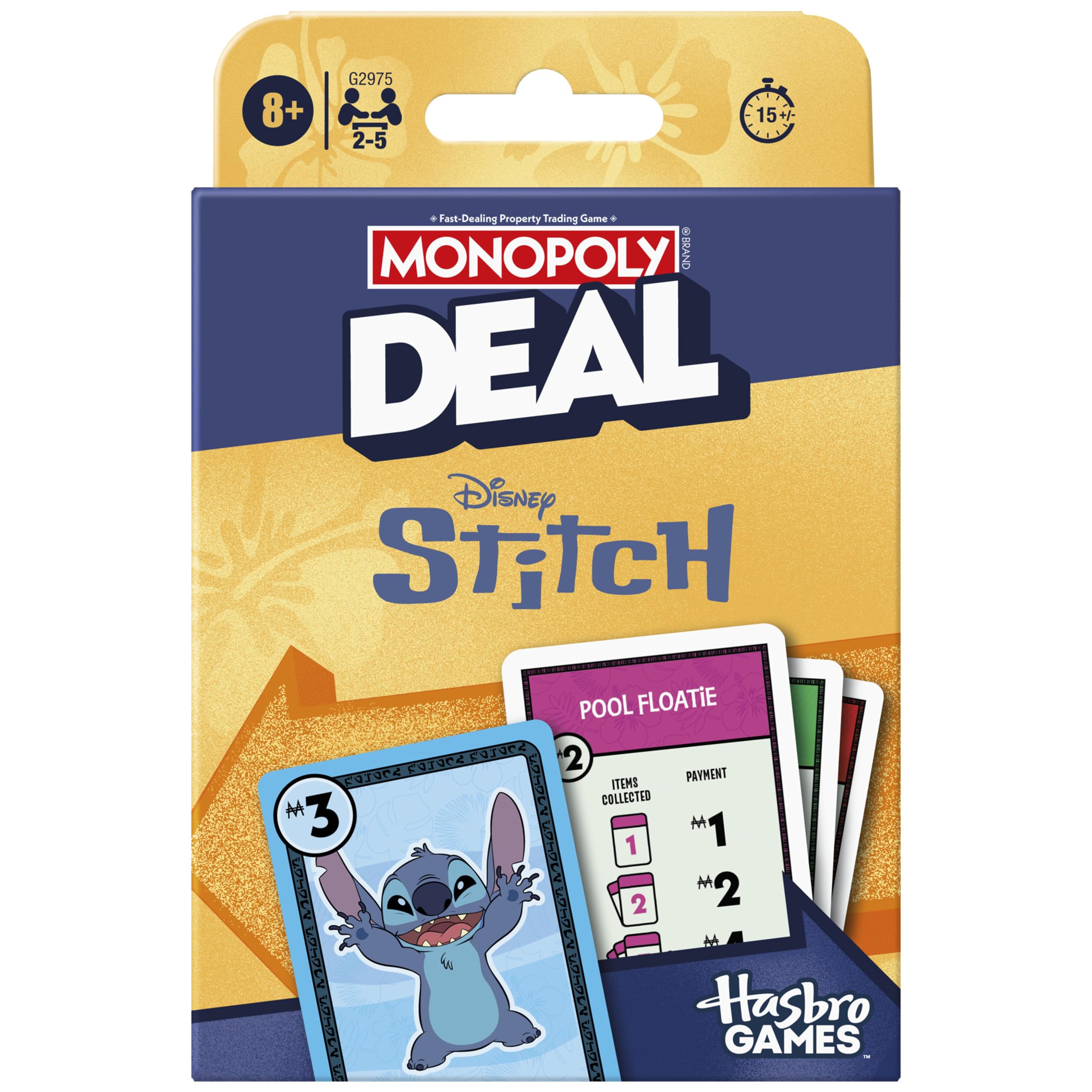 Hasbro Monopoly Deal Disney Stitch Edition cards spread on table for family game night.