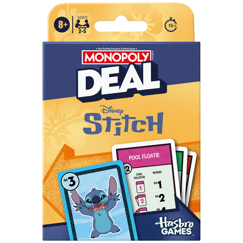 Hasbro Monopoly Deal Disney Stitch Edition cards spread on table for family game night.