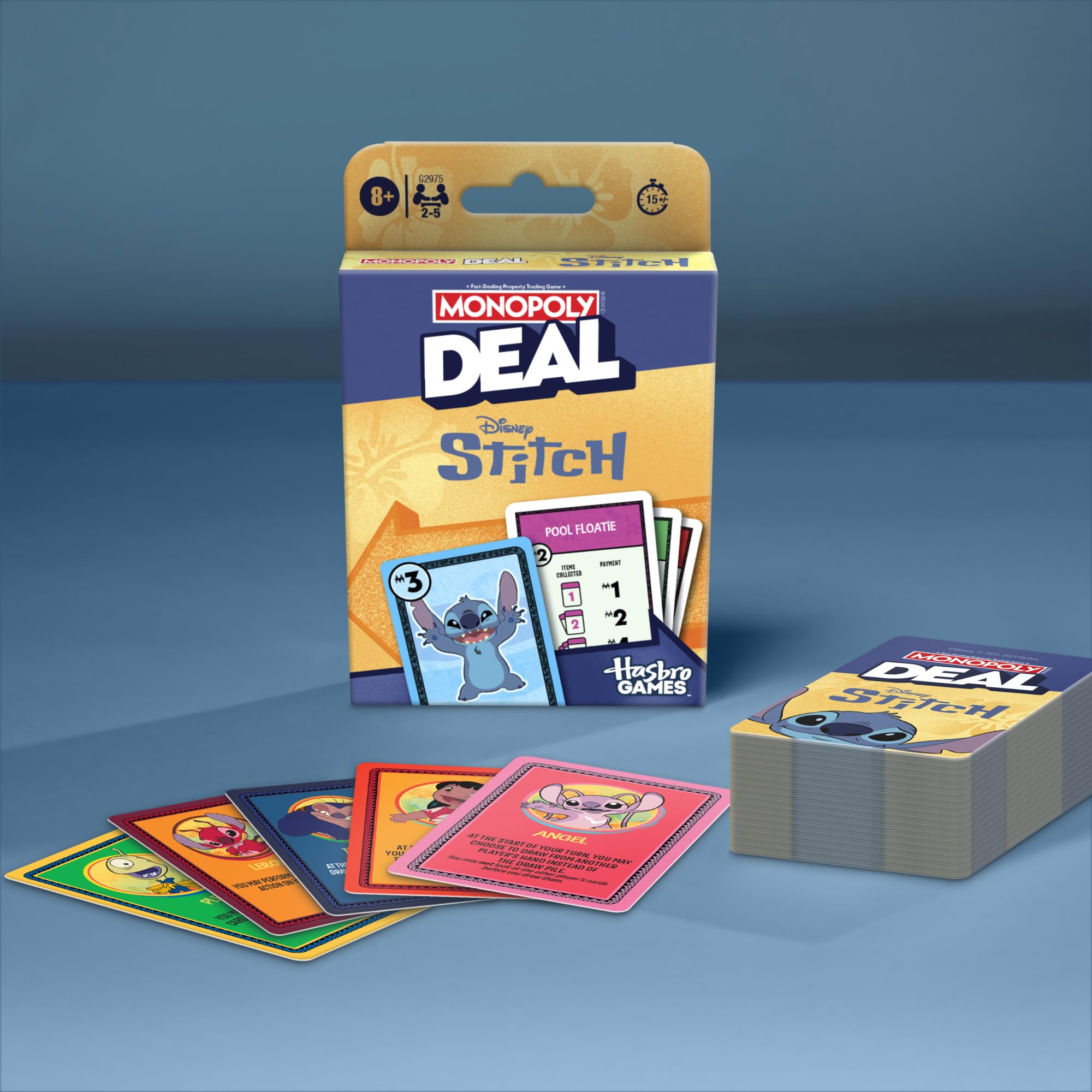 Hasbro Monopoly Deal Disney Stitch Edition travel box ideal for trips.