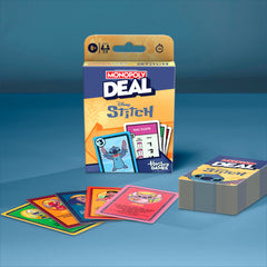 Hasbro Monopoly Deal Disney Stitch Edition travel box ideal for trips.