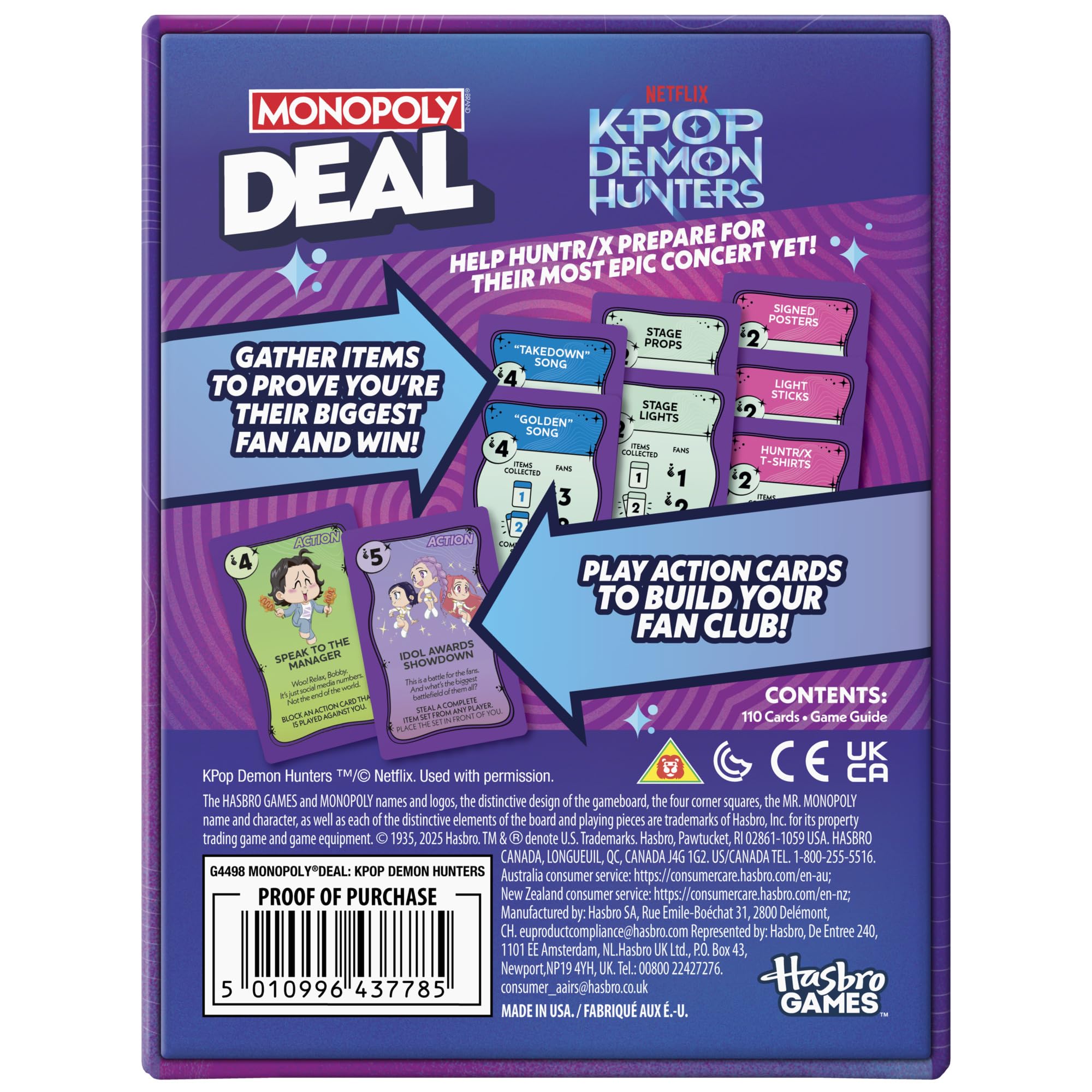 Hasbro Monopoly Deal KPop Demon Hunters character cards featuring Rumi, Mira, Zoey