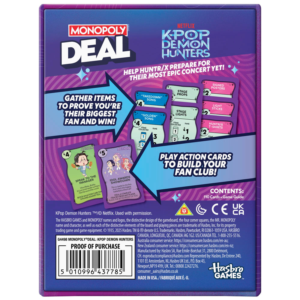 Hasbro Monopoly Deal KPop Demon Hunters character cards featuring Rumi, Mira, Zoey