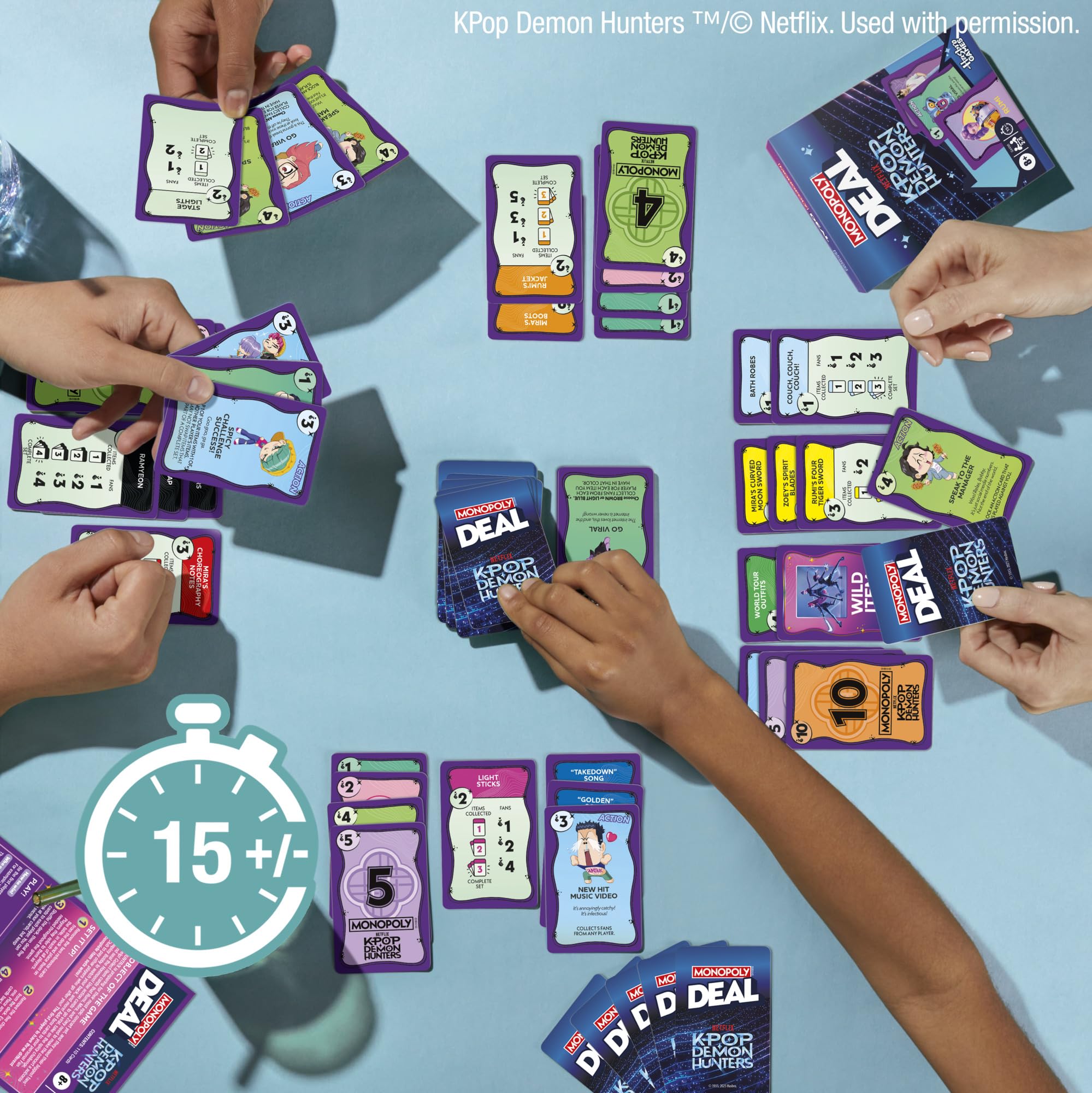 Hasbro Monopoly Deal KPop Demon Hunters item cards showing essential objects